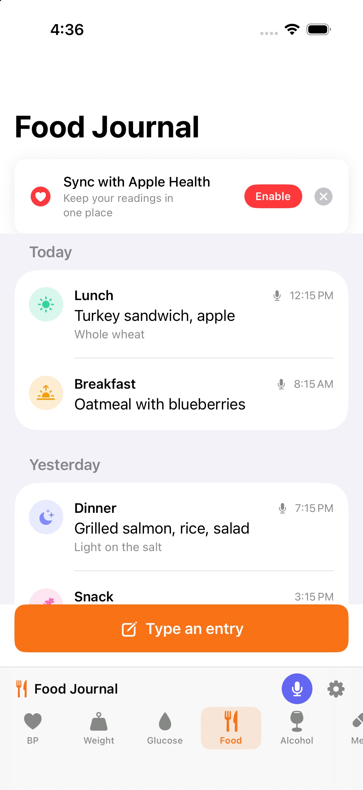 Food journal grouped by day with meals logged by voice