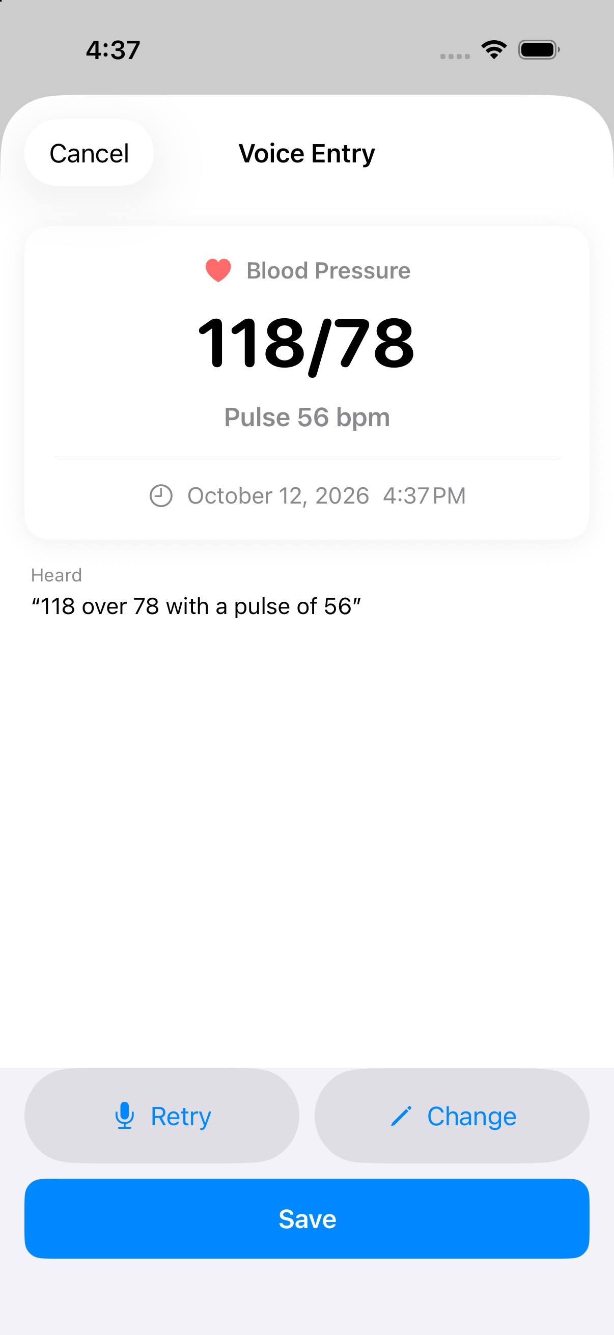 Voice entry confirmation showing 118 over 78 with pulse 56