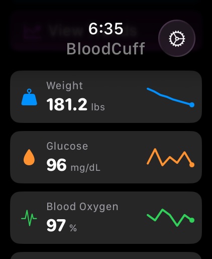 Apple Watch cards for weight, glucose, and blood oxygen with sparklines