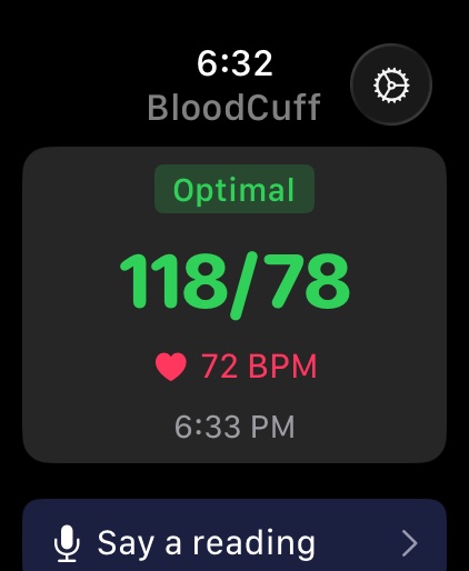 Apple Watch showing the latest blood pressure reading and a Say a reading button