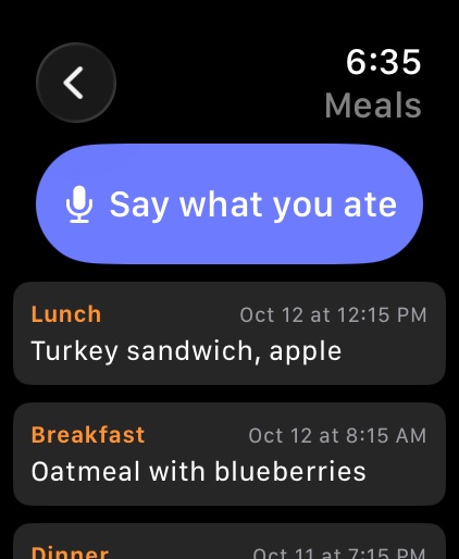 Apple Watch meals list with a Say what you ate button